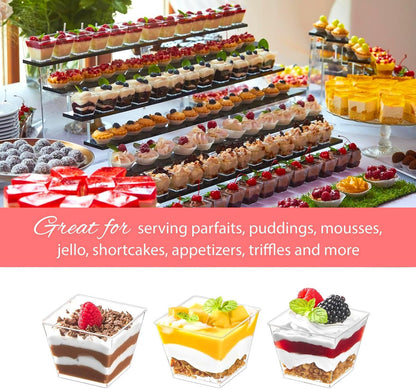 Zezzxu 3 oz Square Mini Dessert Cups with Spoons - 50 Pack Plastic Pudding & Parfait Cups Party Dessert Shooters for Serving Trifle Mousse Cake Appetizers