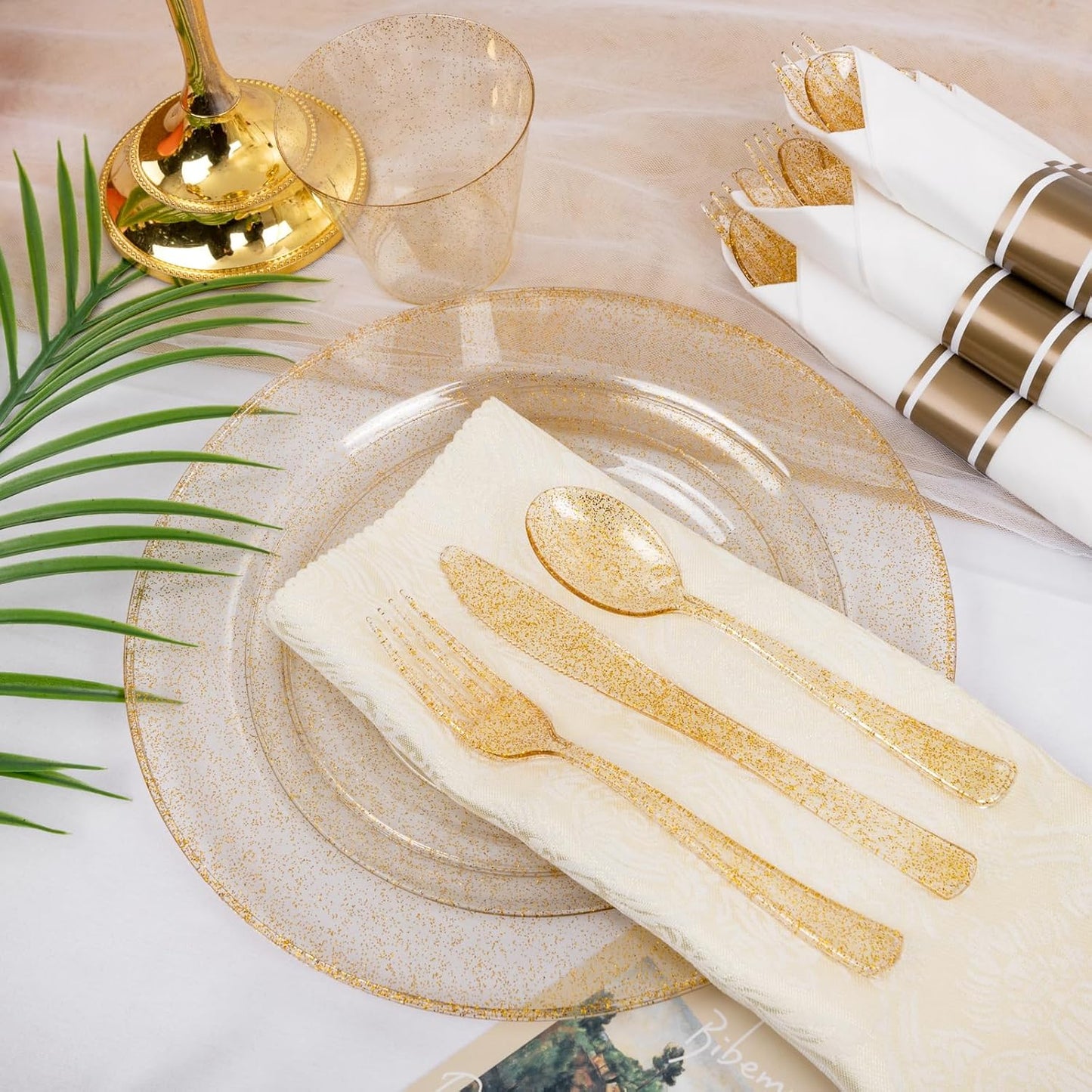 WELLIFE 350-Piece Gold Disposable Plates and Cutlery Set - Premium 10.25" Dinner Plates, 7.5" Dessert Plates, 9oz Cups & Cutlery for Weddings, Catering Events - 50 Guest Service - Elegant & Sturdy