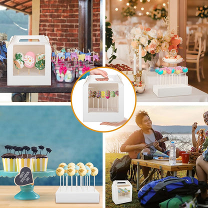 MGWOTH Cake Pop Boxes Packaging with Sticks Set, 5PCS Cakesicle Display Stand with Window, Portable Lollipops Transport Holder with 100Pcs Paper Sticks, Bakery Containers for Babyshower, Party