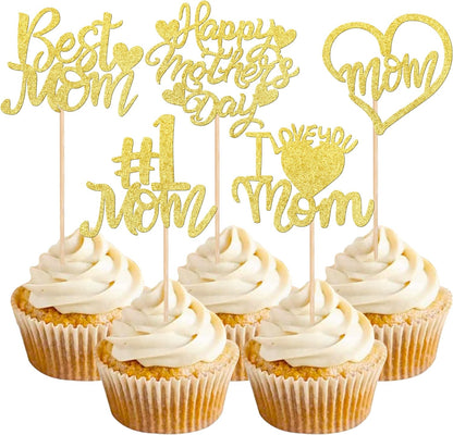 24 PCS Happy Mother's Day Cupcake Toppers with Glitter Heart Love Mother Best Mom Cupcake Picks for Happy Mother's Day Theme Women Birthday Party Cake Decorations Supplies Rose Gold