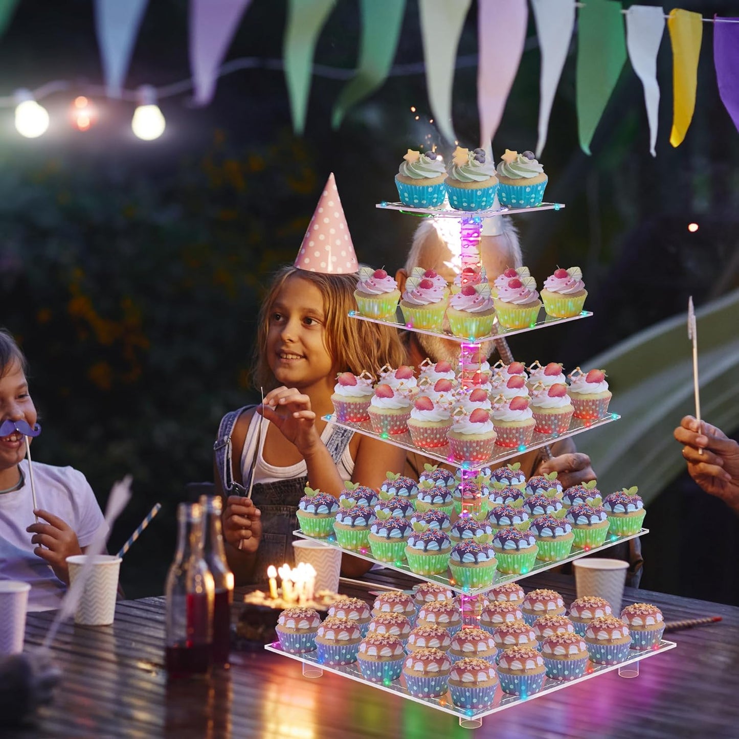 YestBuy Cupcake Stand with Yellow Led Lights, 4 Tier Cupcake Stand for 50 Cupcakes, Acrylic Cupcake Tower Stand, Clear Tiered Cupcake Holder for Birthday Cady Bar Décor Weddings, Parties Events