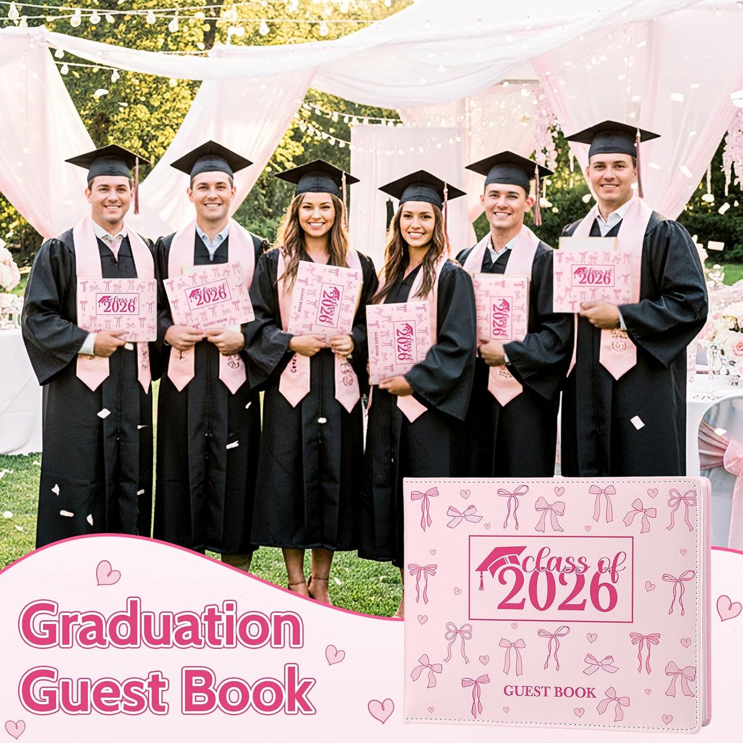 Patelai Pink Bow Graduation Guest Book Class of 2026 Party Decorations Leather Graduation Guest Signature Party Sign Gift with Pen, 112 Pages (Congrats Grad)
