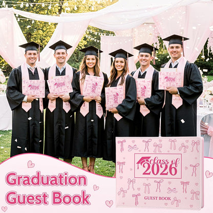 Patelai Pink Bow Graduation Guest Book Class of 2026 Party Decorations Leather Graduation Guest Signature Party Sign Gift with Pen, 112 Pages (Congrats Grad)