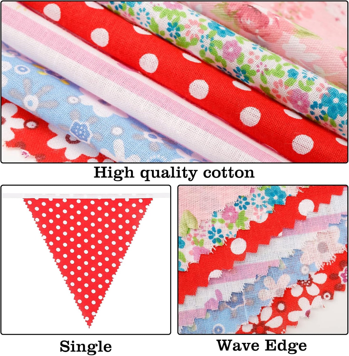 jijAcraft 39Ft Triangle Bunting Banner, 42Pcs Tea Floral Party Bunting Cotton Fabric Flags Pennant Garlands for Birthday Party, Wedding, Baby Shower, Outdoor and Home Decorations (Pink)