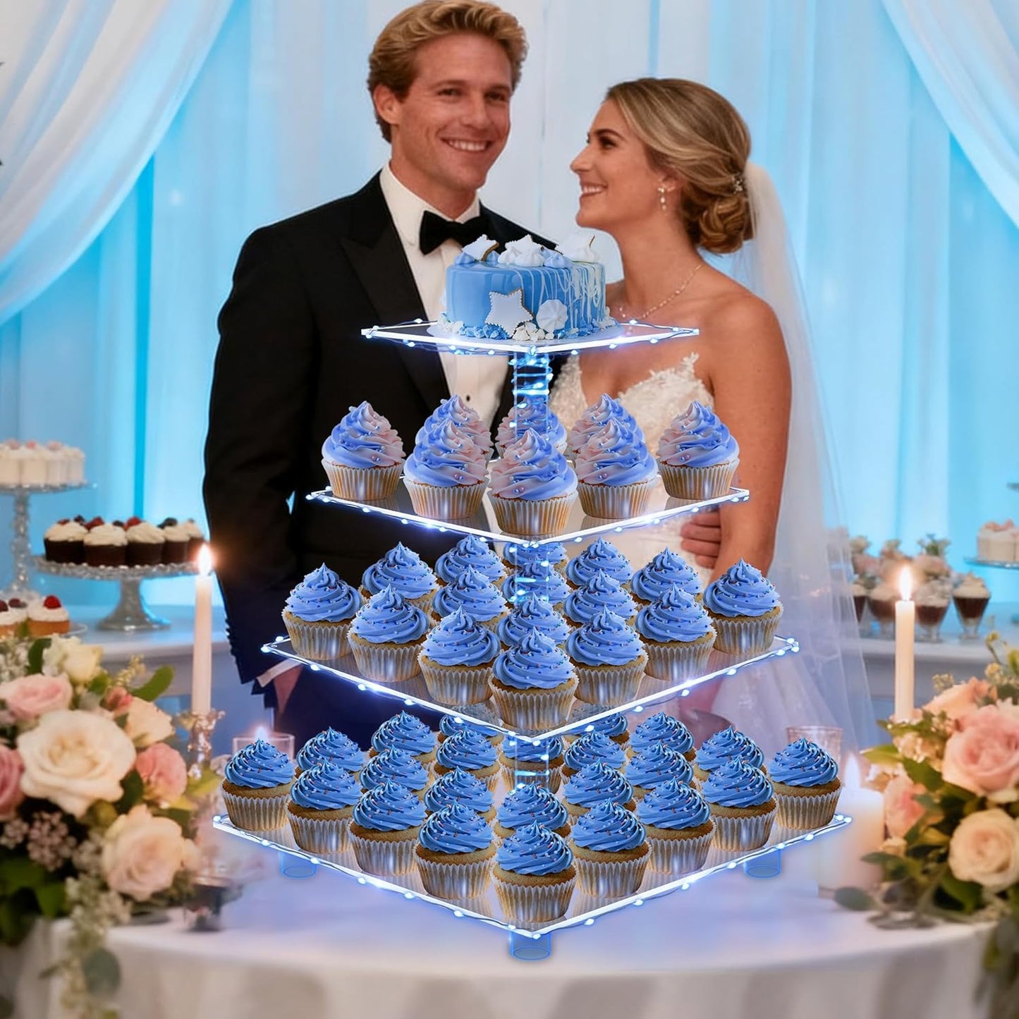 YestBuy Cupcake Stand with Yellow Led Lights, 4 Tier Cupcake Stand for 50 Cupcakes, Acrylic Cupcake Tower Stand, Clear Tiered Cupcake Holder for Birthday Cady Bar Décor Weddings, Parties Events