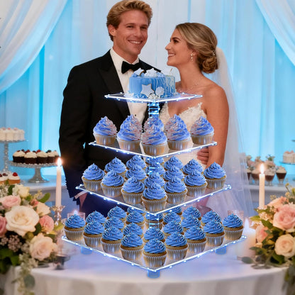 YestBuy Cupcake Stand with Yellow Led Lights, 4 Tier Cupcake Stand for 50 Cupcakes, Acrylic Cupcake Tower Stand, Clear Tiered Cupcake Holder for Birthday Cady Bar Décor Weddings, Parties Events