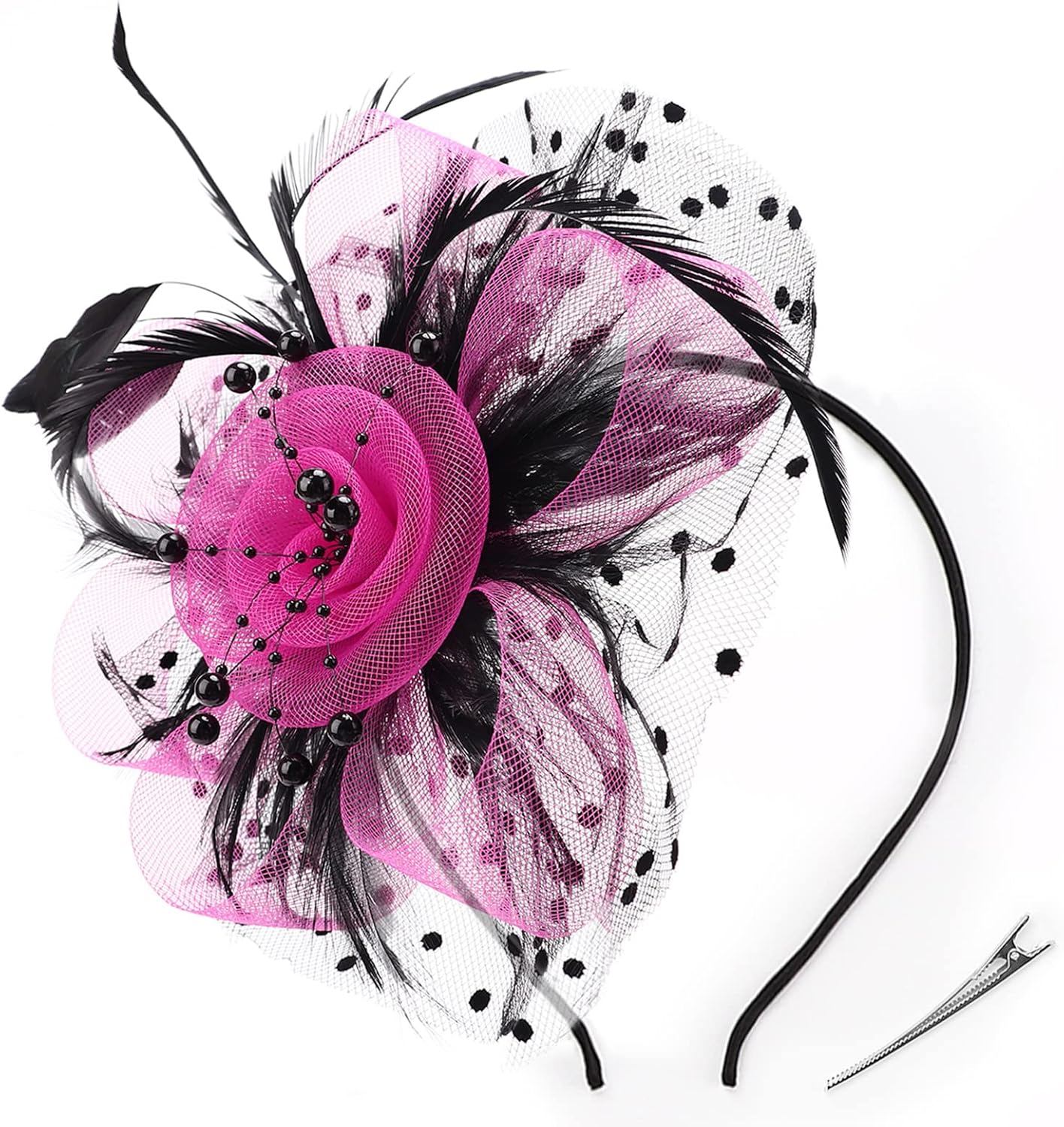 DRESHOW Fascinators Hat Flower Mesh Ribbons Feathers on a Headband and a Clip Tea Party Headwear for Girls and Women - Colors A