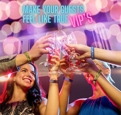 100 Pack Glitter Gold VIP Party Wristbands with Secure Locking Clip. Must Have Adjustable Sparkle VIP Wrist Bands for Events, Parties, Weddings and Festivals