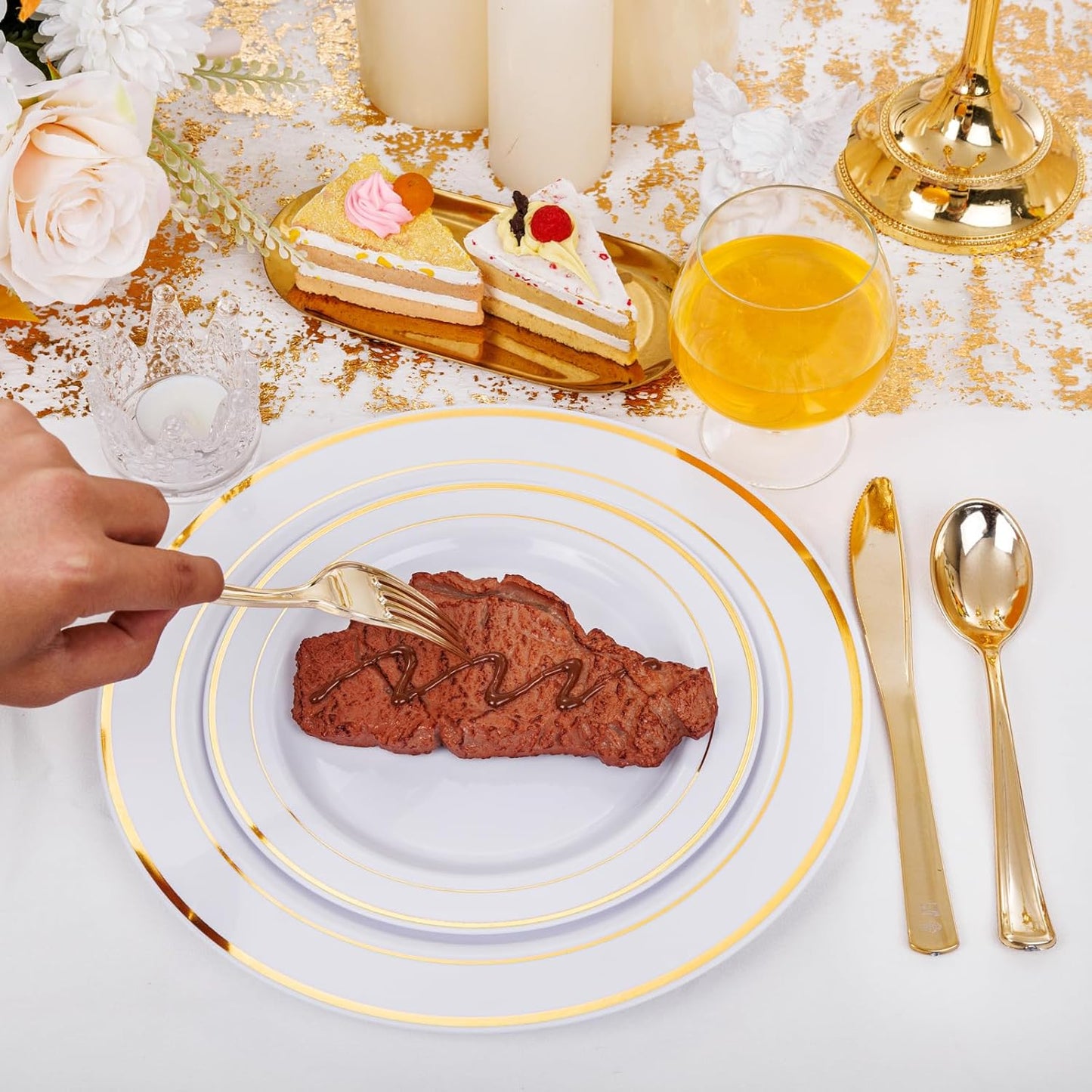 I00000 102 Pieces Gold Plastic Plates, Disposable Party Plates White Gold Rim, 51 Disposable Gold Dinner Plates 10.25 Inch and 51 Disposable Dessert Appetizer Elegant Fancy Wedding Plates 7.5 Inch