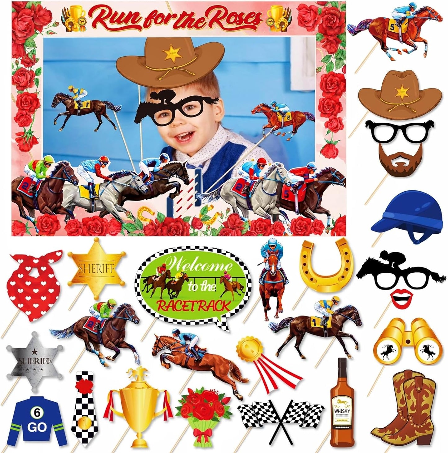 YVAINE Kentucky Horse Photo Booth Frame with 25 Pcs Kentucky Horse Racing Derby Day Photo Booth Props Run for The Rose Photo Frame for Derby Day Birthday Party Supplies