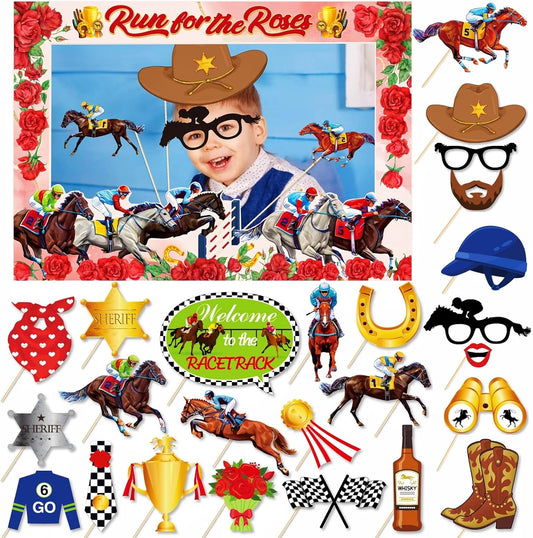 YVAINE Kentucky Horse Photo Booth Frame with 25 Pcs Kentucky Horse Racing Derby Day Photo Booth Props Run for The Rose Photo Frame for Derby Day Birthday Party Supplies