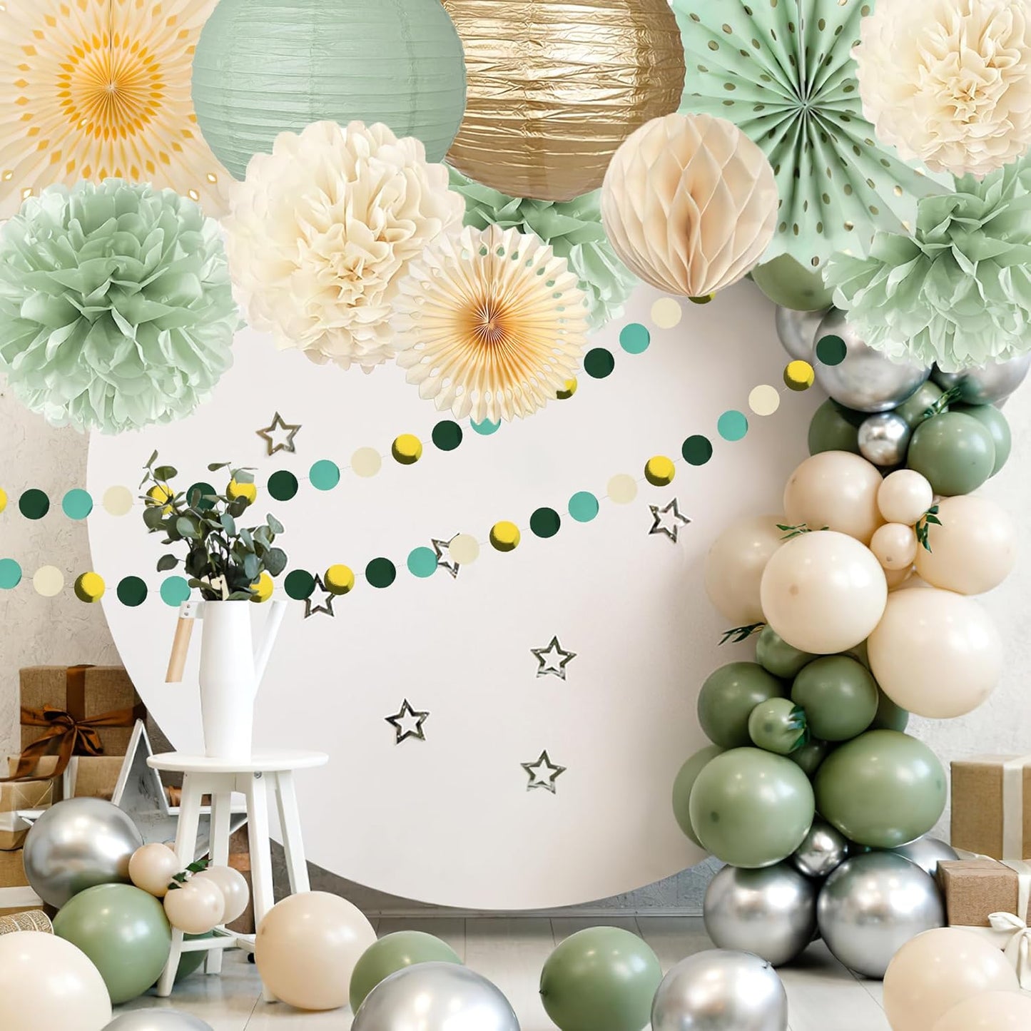 Tissue Paper Pom Poms - 23 PCS Dusty Blue Paper Flowers Pom Pom Kit Circle Dot Party Banner Hanging Swirl Party Decorations for Wedding Birthday Baby Shower Bridal Shower Tea Party