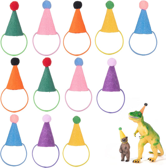 12Pcs Mini Party Hats for Stuffed Animals Figures Toys Dinosaur Tiny Hats for Crafts Colorful Doll Party Decor Adjustable Cone Hat with Tinsel Pom Pom Birthday Cake Toppers Accessories