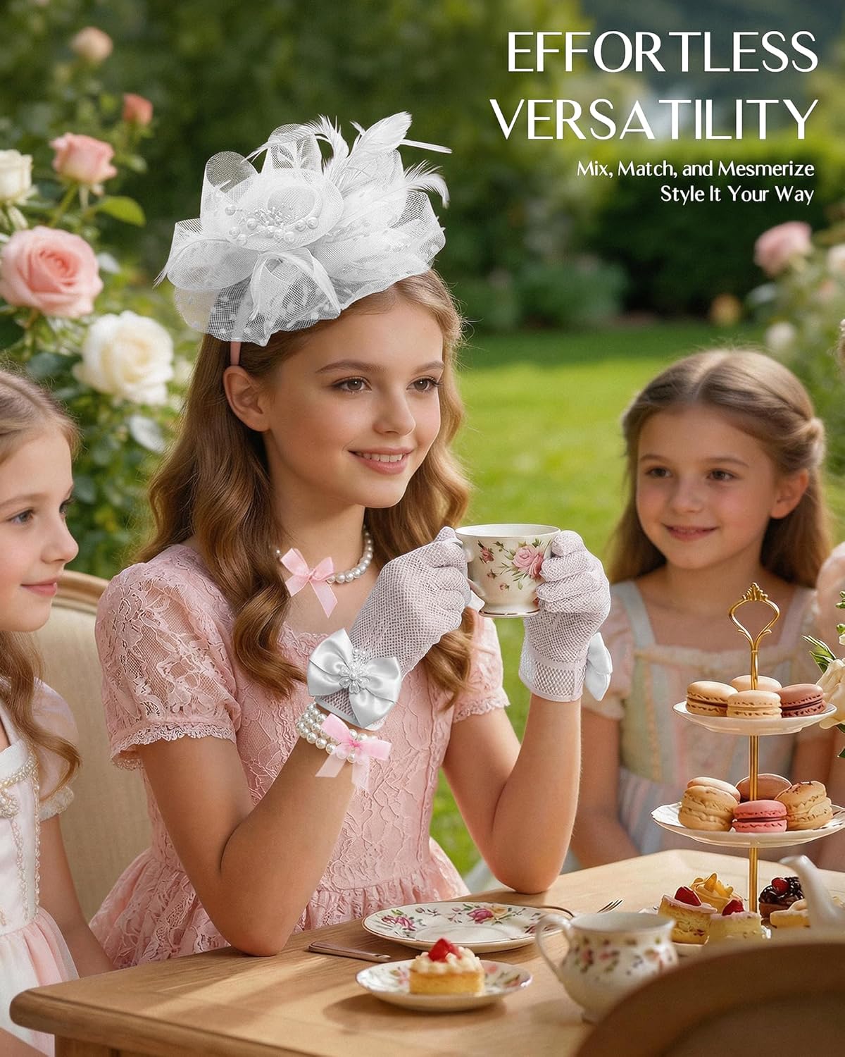 Girls Tea Party Fascinators Hats for Kids Fascinator Tea Party Hat Headband with Gloves Accessories for Girls