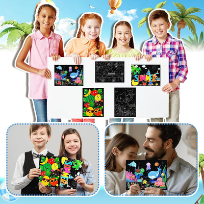 Marspark 24 Pcs Summer Crafts for Kids Bulk Color Your Own Summer Scratch Posters DIY Magic Scratch Paper Black Off Art Paper Gifts Kit Doodle Art for Home Holiday School Party Activities