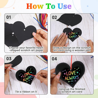 ShioShin 42 Pack Valentine's Day Rainbow Scratch Paper, DIY Rainbow Scratch Art, Scratch Art Party Favors with Wooden Styluses and Pieces Ribbons, Valentines Crafts for Creative Gifts Holiday Decor