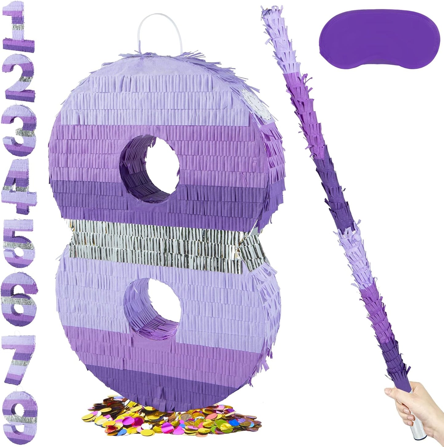 PCFING 20 Inch Number 1 Piñata Purple Silver with 30 Inch Piñata Stick Blindfold Confetti for Boy Girl Kids Birthday Party Decorations, Anniversary Celebration, Fiesta