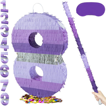 PCFING 20 Inch Number 1 Piñata Purple Silver with 30 Inch Piñata Stick Blindfold Confetti for Boy Girl Kids Birthday Party Decorations, Anniversary Celebration, Fiesta