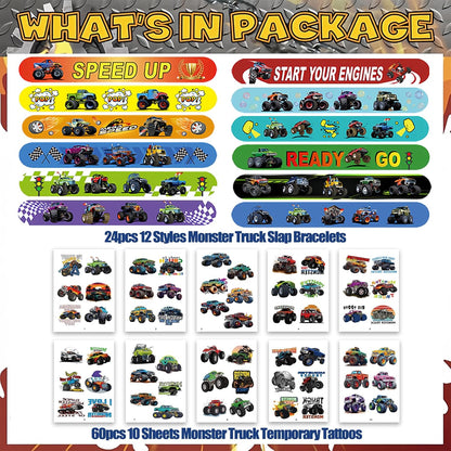 84PCS Engeering Vehicle Party Favors Set – 24pcs Slap Bracelets & 60pcs Temporary Tattoos with Construction Vehicle Designs, Engeering Theme Party Supplies for, Truck Decorations