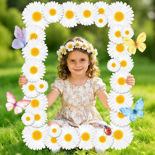 Spring Daisy Photo Booth Props Flowers Birthday Party Decoration Large Daisy Selfie Frame Spring Floral Photo Booth Frame with Butterflies Cutout Wedding Baby Shower Photography Decor Party Supplies