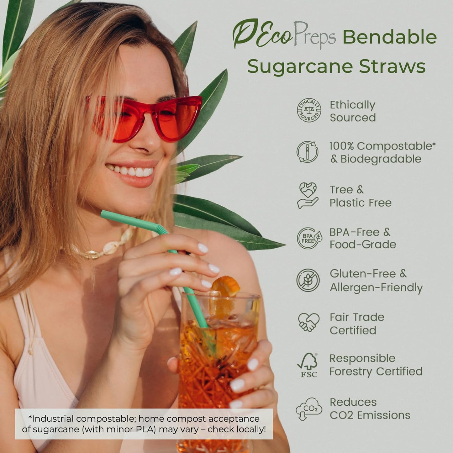 EcoPreps Biodegradable Sugarcane Straws | 150 Count, 100% Compostable, Plastic-Free, & Eco-Friendly Drinking Straw | 7.8'' Sugar Fiber Disposable Straws, Smoothie Straw for Home, Restaurant, Parties