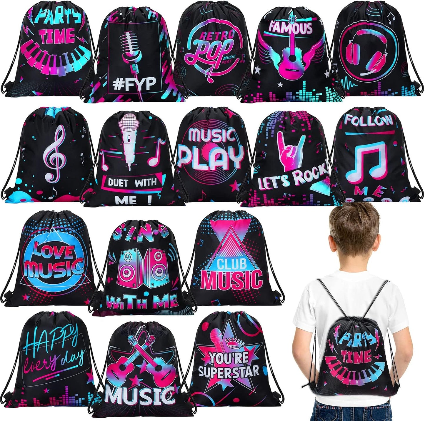 Funtery 32 Pcs Glow Party Drawstring Bags Glow Party Favors Neon Birthday Treat Bags for Teens Social Media Theme Gifts School Travel Supplies, 11.81 x 9.84 Inch