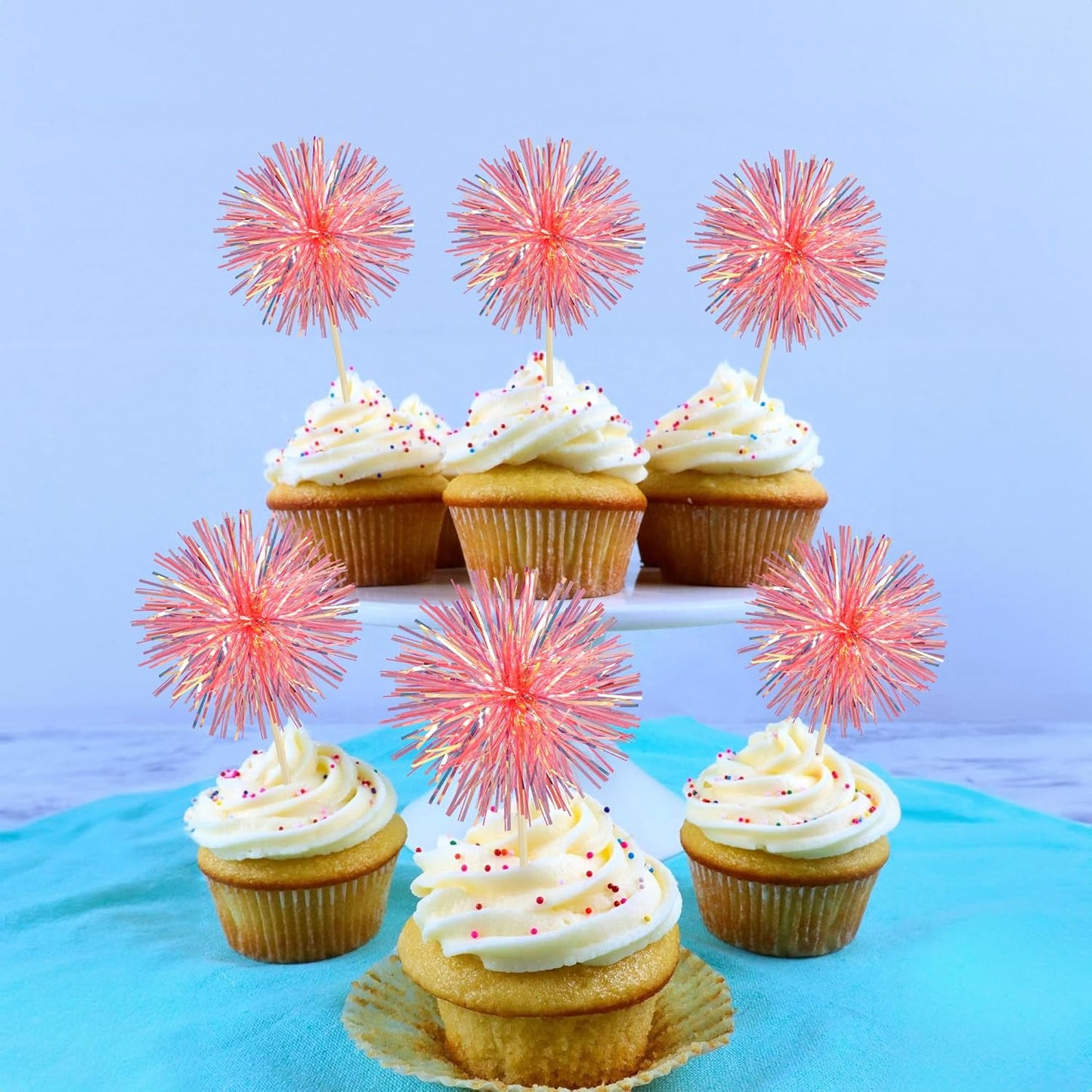 Ephlyn 30Pcs Foil Firework Cupcake Toppers Sparkle Tinsel Cupcake Picks Drink Stirrers Cocktail Food Fruit Toothpicks for Baby Shower Graduation Party Supplies White