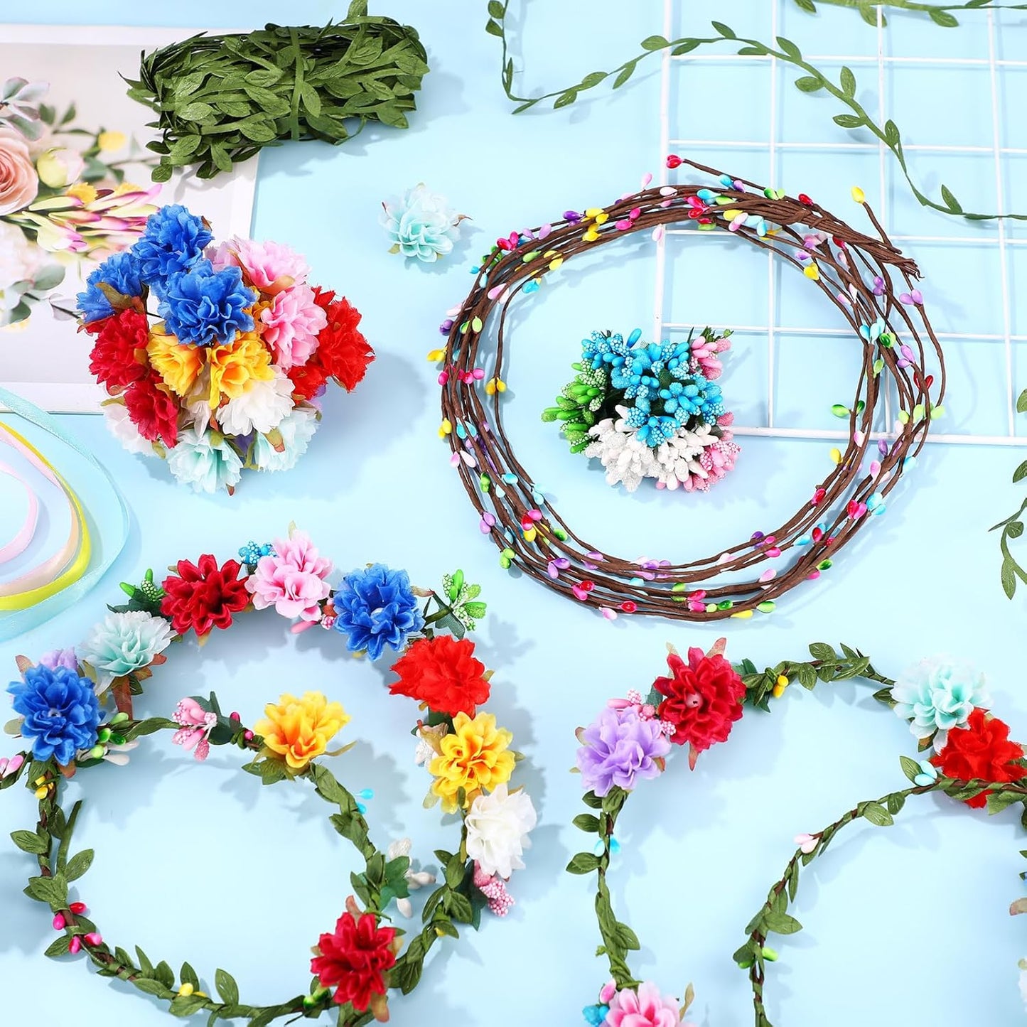 Zeyune 20 Sets Spring Tea Party Favor Flower Crowns Making Kit, Make Your Own Flower Crown Wreath Garland Headbands Craft Kit Handmade DIY Fairy Floral Hair Accessories Gift for Women(Daisy)