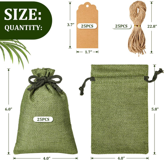 25PCS Burlap Gift Bags With Drawstring, 4x6" Small Party Favor Gift Bags + Bonus Gift Tags & String, Gift Bag Small Size for Party, Jewelry Pouches, Christmas, Festival, Kids Birthday, Coffee, DIY Craft Pouch