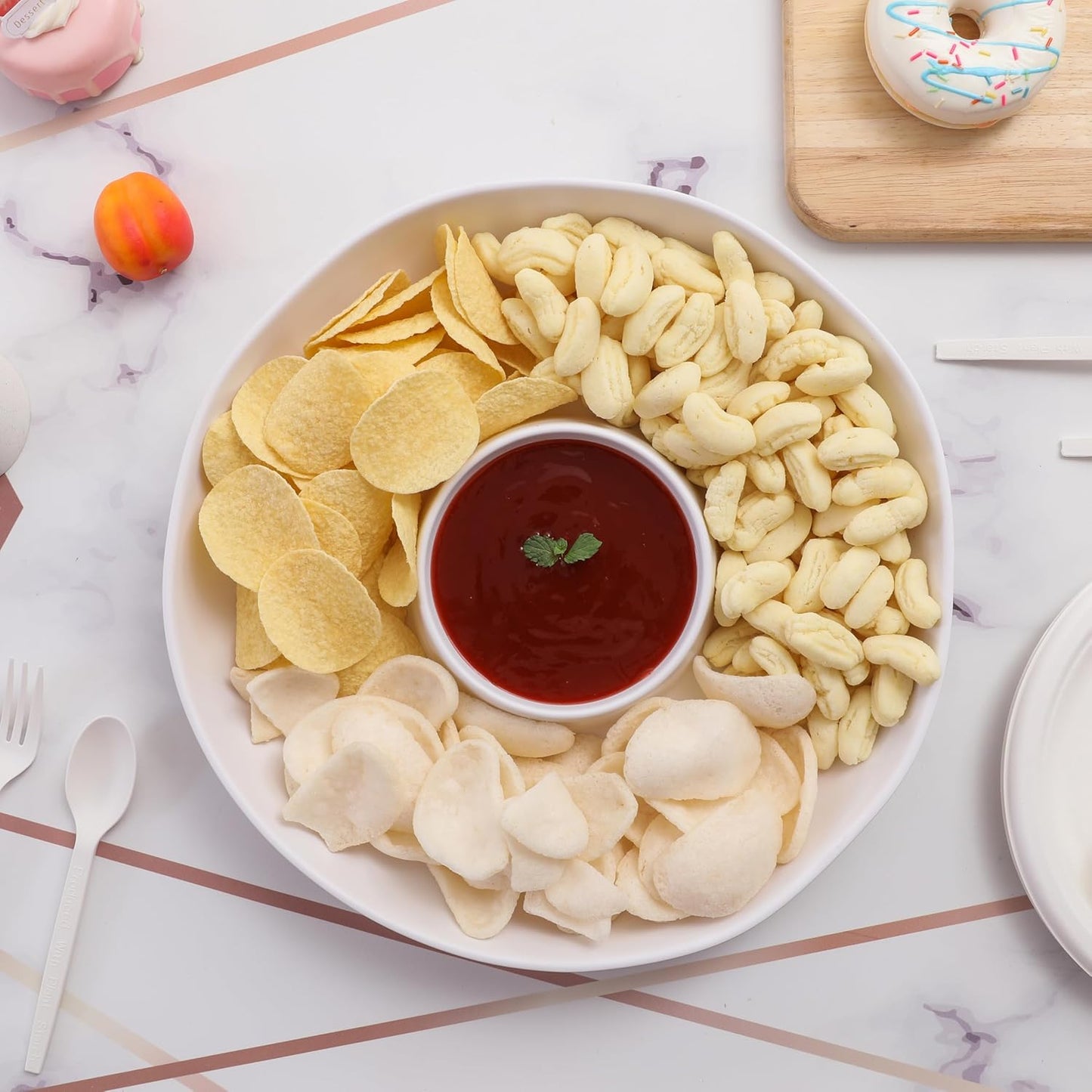 Chip and Dip Serving Set Divided Serving Platter Appetizers and Cheeses Serving Tray White Compartment Dishes for Party, Christmas, Dessert, Fruit, Candy, 13-inch Set of 2