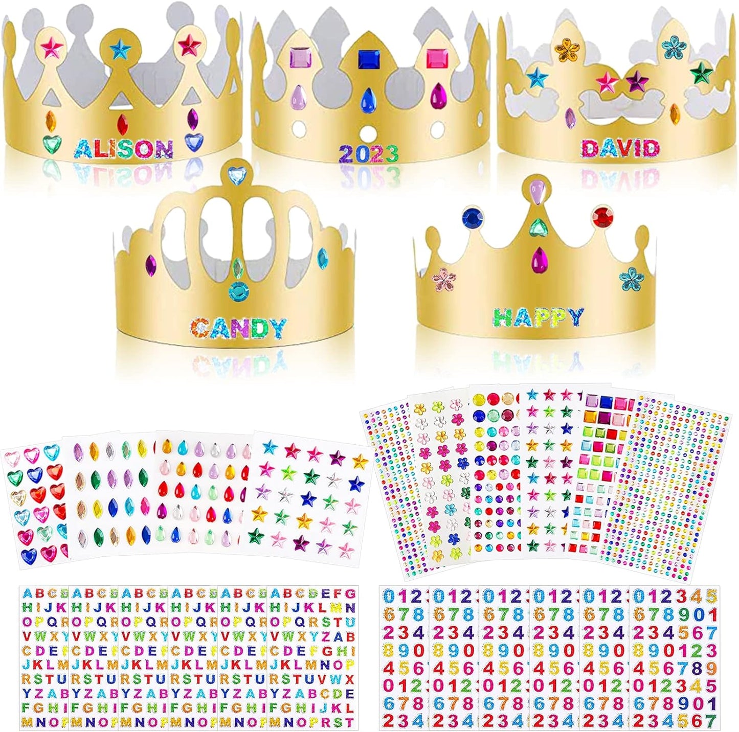 ZYNERY 47 PCS Golden Birthday Crowns with DIY Stickers Kit Paper Crown Party Hats for Kids Classroom School,Prince Princess Birth Decor Gift
