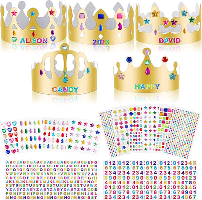 ZYNERY 47 PCS Golden Birthday Crowns with DIY Stickers Kit Paper Crown Party Hats for Kids Classroom School,Prince Princess Birth Decor Gift