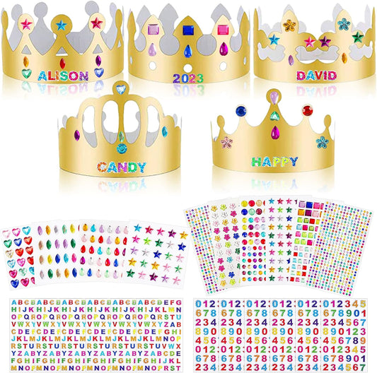 ZYNERY 47 PCS Golden Birthday Crowns with DIY Stickers Kit Paper Crown Party Hats for Kids Classroom School,Prince Princess Birth Decor Gift