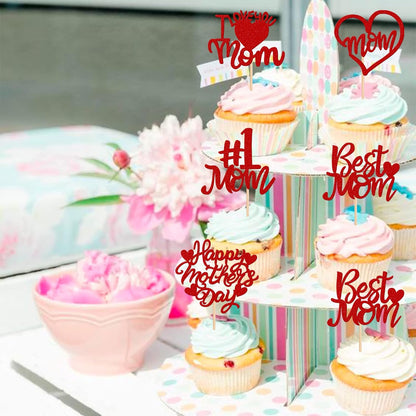 24 PCS Happy Mother's Day Cupcake Toppers with Glitter Heart Love Mother Best Mom Cupcake Picks for Happy Mother's Day Theme Women Birthday Party Cake Decorations Supplies Rose Gold