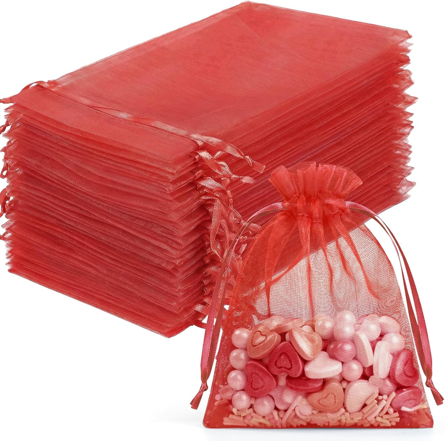 FUNFERY 100 Pcs White Organza Bags 3x4 in, Small Mesh Drawstring Gift Bags for Sachet, Jewelry, Wedding Favor, Candy Goodie Treat Bag,Easter Day
