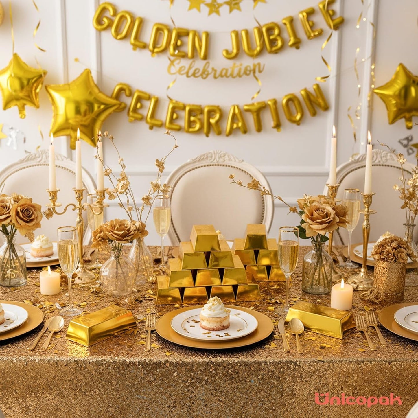 UnicoPak 30 Pack Gold Bar Party Favor Boxes, Simulated Foil Gold Treat Boxes Candy Boxes Decorated Boxes, with FINE GOLD 999.9 Embossed Pattern, 6.5x3 Inch Gift Boxes for Candy, Halloween, Christmas