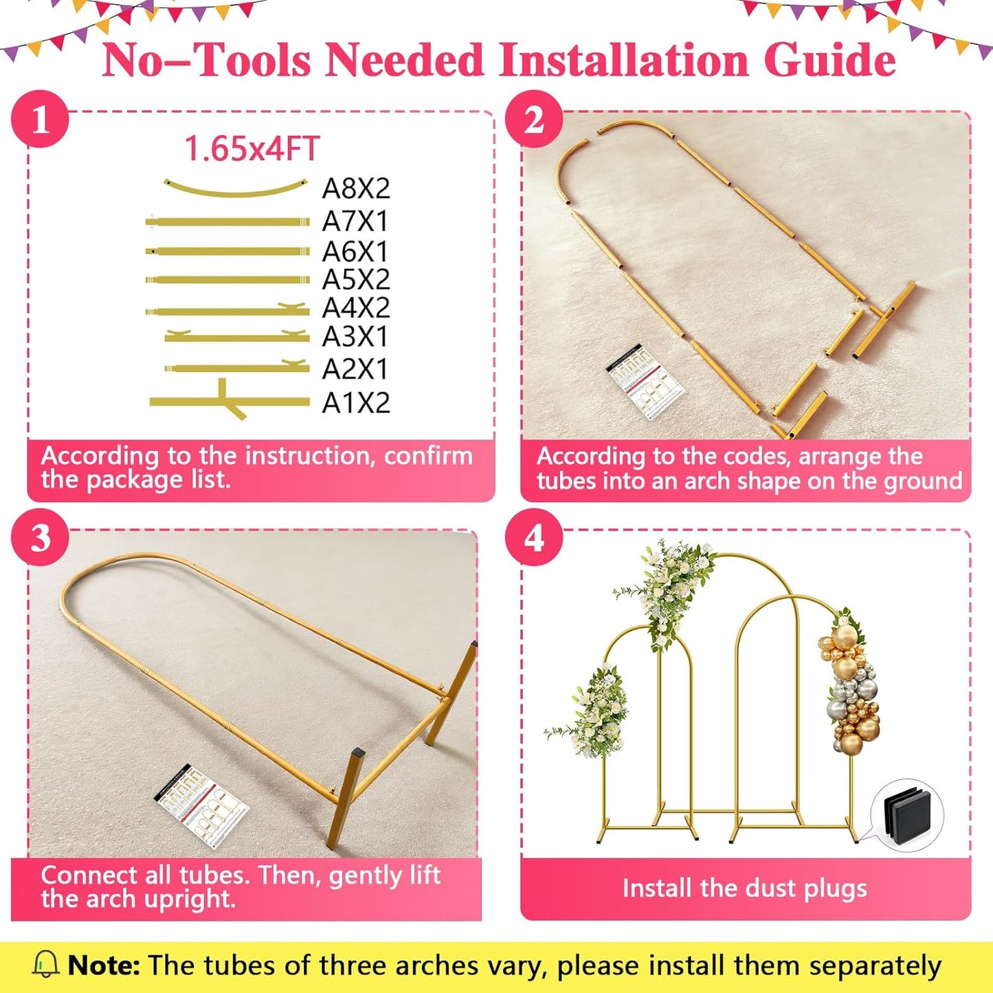 Metal Arch Backdrop Stand, Set of 3 (4ft / 5ft / 6ft) Gold Arch Backdrop with 12 Ground Nails, Stable Arched Background Stand for Wedding, Baby Shower, Birthday Party, Photography