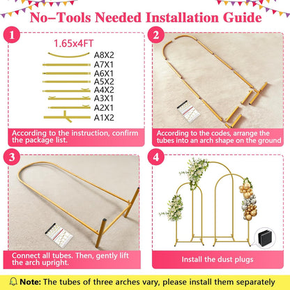 Metal Arch Backdrop Stand, Set of 3 (4ft / 5ft / 6ft) Gold Arch Backdrop with 12 Ground Nails, Stable Arched Background Stand for Wedding, Baby Shower, Birthday Party, Photography