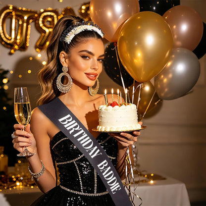 Birthday Baddie Glitter Headband and Sash Set, Black with Iridescent Tinsel, Birthday Party Accessories