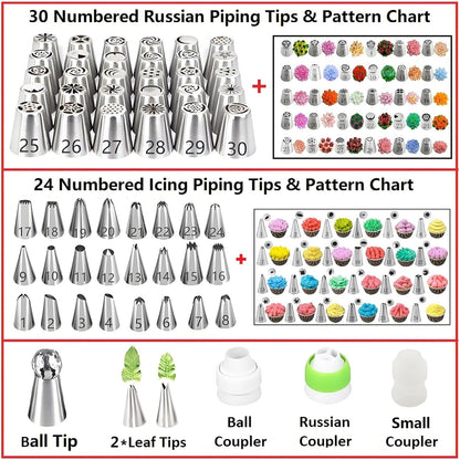ANSLYQA Russian Piping Tips Set, 166 Pcs with 30 Numbered Russian Tips, 24 Numbered Icing Tips, 1 Ball Tip, 2 Leaf Tips, Pattern Chart, 3 Couplers, 100 Pastry Bags & More for Cake Cupcake Decorating