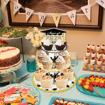 Set of 2 Graduation Cupcake Stand for 50 Cupcakes Black Gold Graduation Cap Decorations Cardboard Cake Dessert Holder Tower for Class of 2026 Congrats Grad Party Supplies