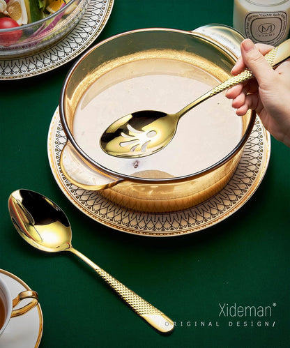 Xideman® 7-Piece Hammered 18/10 Stainless Steel Silverware Serving Utensil Set - Hostess Flatware with Cake Knife & Cake Server (Champagne Gold)