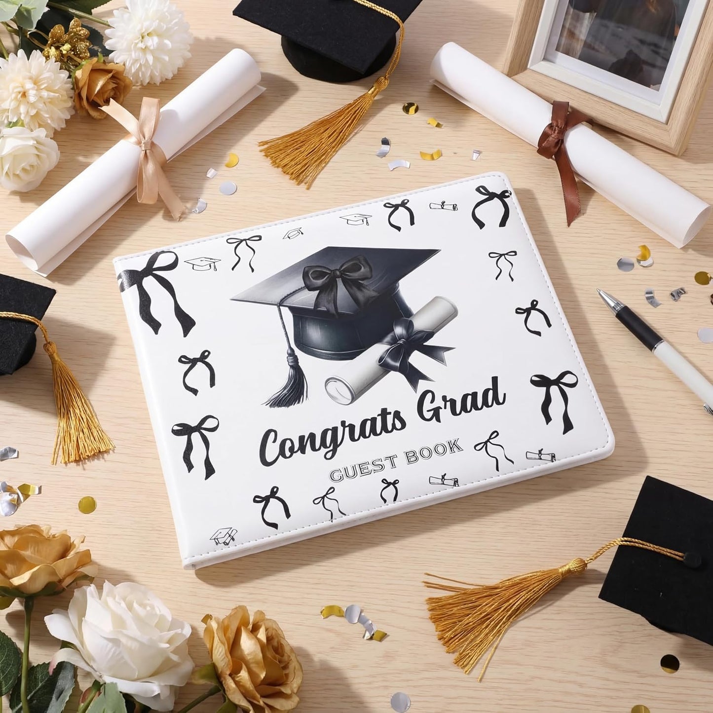 Patelai Pink Bow Graduation Guest Book Class of 2026 Party Decorations Leather Graduation Guest Signature Party Sign Gift with Pen, 112 Pages (Congrats Grad)