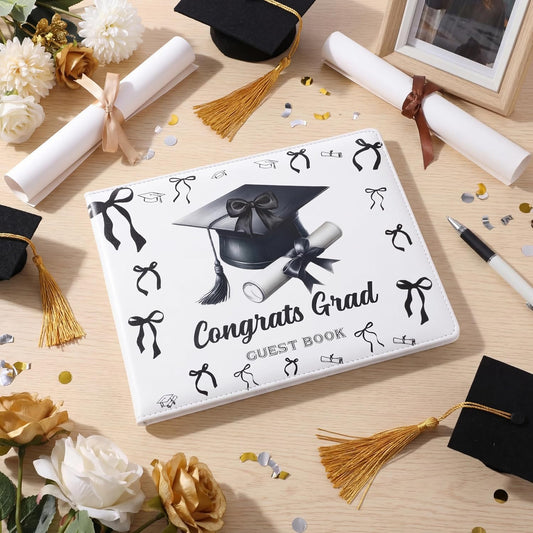 Patelai Pink Bow Graduation Guest Book Class of 2026 Party Decorations Leather Graduation Guest Signature Party Sign Gift with Pen, 112 Pages (Congrats Grad)