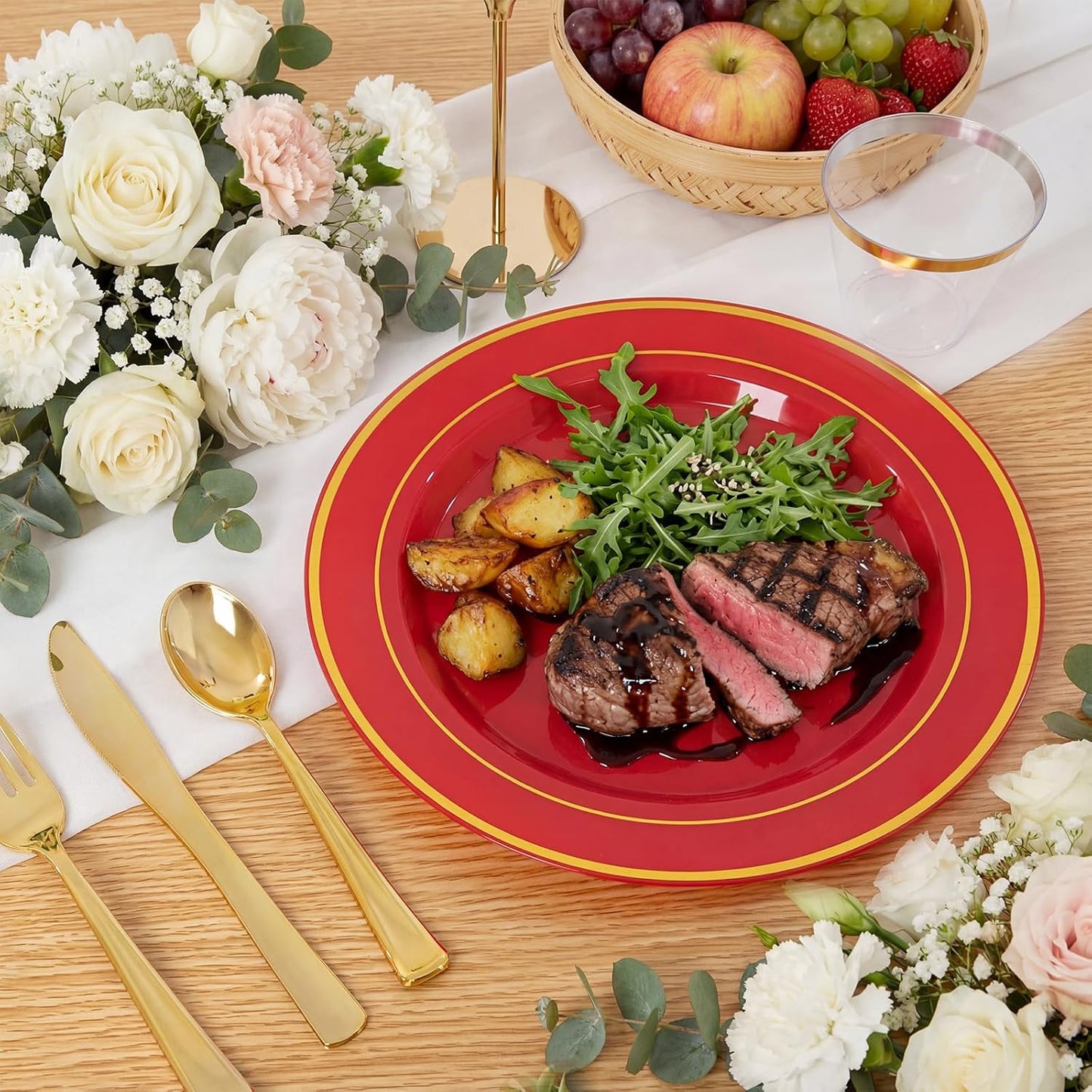 350 Pieces Black and Gold Plastic Plates with Disposable Silverware, Include 50 Dinner Plates 9”, 50 Dessert Plates 6.3”, 50 Black Cups 9 OZ, 50 Pre Rolled Napkins for Wedding Party Graduation