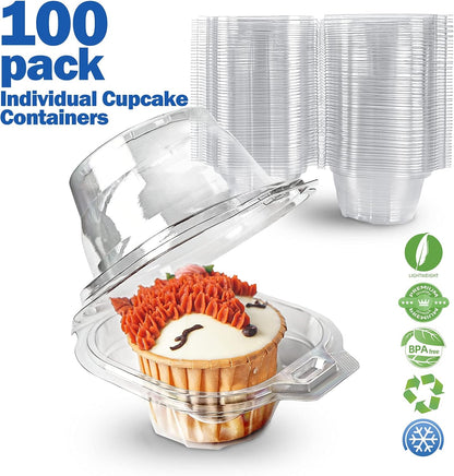 100 Packs Individual Cupcake Containers Stackable Single Compartment Cupcake Disposable Carrier Holder Box Deep Dome Clear Plastic BPA-free (100 PCs)