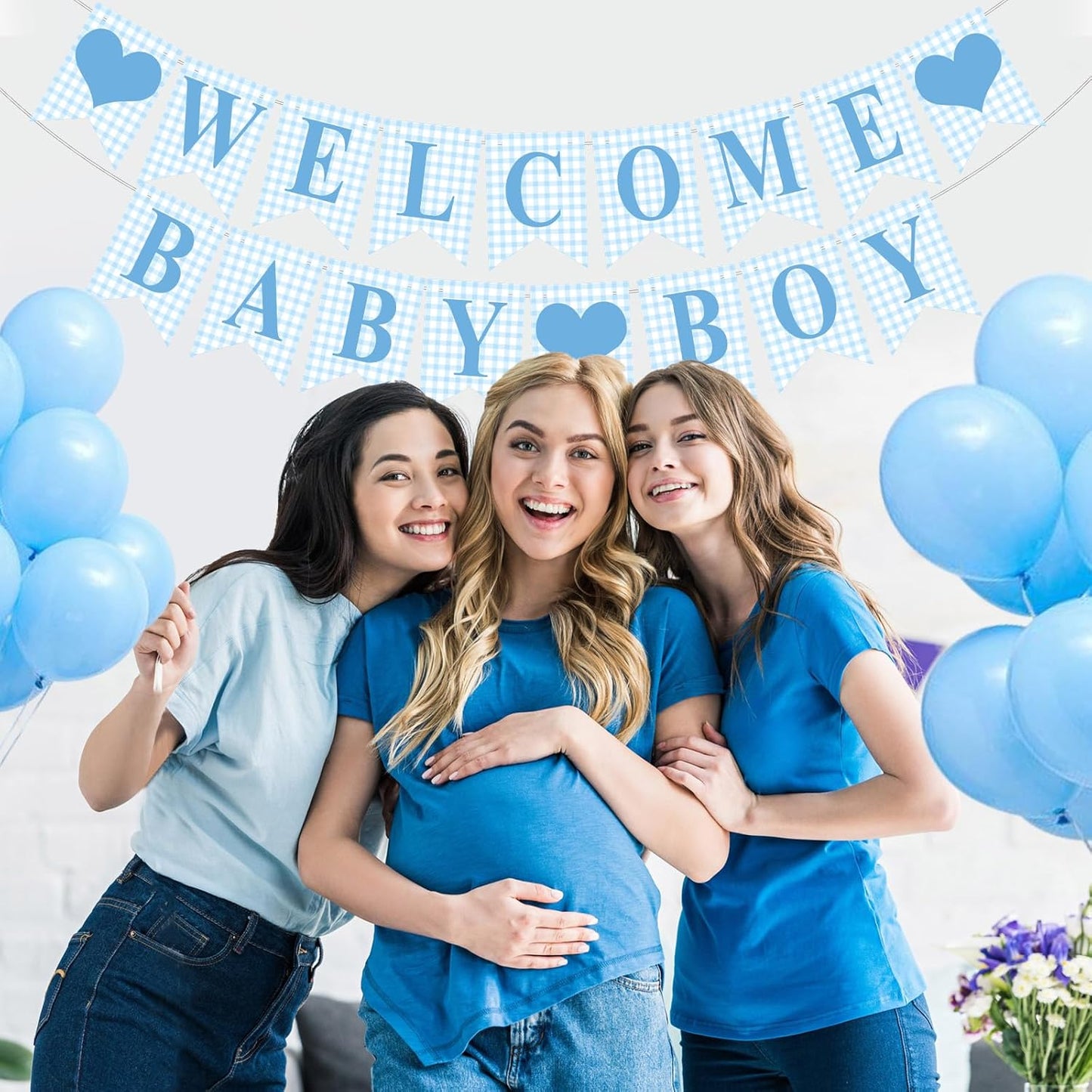Hahafelt 1 Pcs Blue Gingham Welcome Baby Boy Banner for Baby Shower Party Decorations Pre Strung Gender Reveal Paper Banner for Table, Wall, Mantel Display Party Decor Supplies