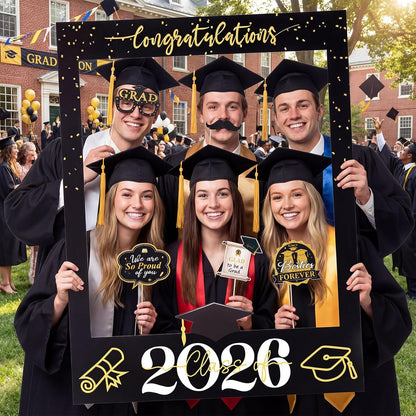 Tinlade 33 x 25 Inch Graduation Photo Booth Props - Large Graduation Photo Prop Frame with 30 Pcs Grad Selfie Photos Booth Props for Class of 2026 Congrats Grad Party Supplies for College High School