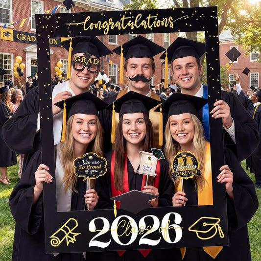 Tinlade 33 x 25 Inch Graduation Photo Booth Props - Large Graduation Photo Prop Frame with 30 Pcs Grad Selfie Photos Booth Props for Class of 2026 Congrats Grad Party Supplies for College High School