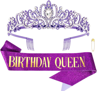 COCIDE Birthday Queen Sash & Rhinestone Tiara Set Gold Happy Birthday Crowns for Women Party Decoration Kit Rhinestone Headband for Women Glitter Crystal Hair Accessories for Cake Topper